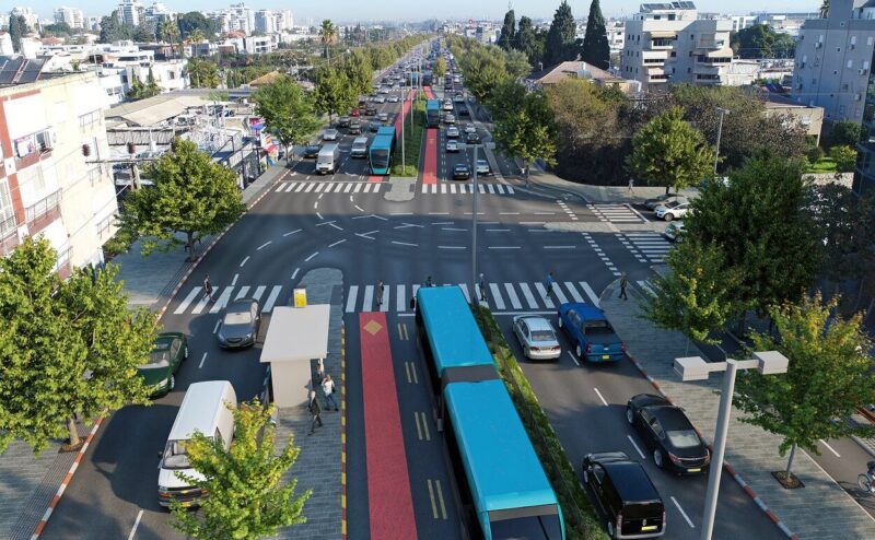 הדמיית הקו הכחול בראשון לציון רחוב הרצל - קרל נטר מבט לצפון. קרדיט עדי בואנו סטודיו ארקפקט